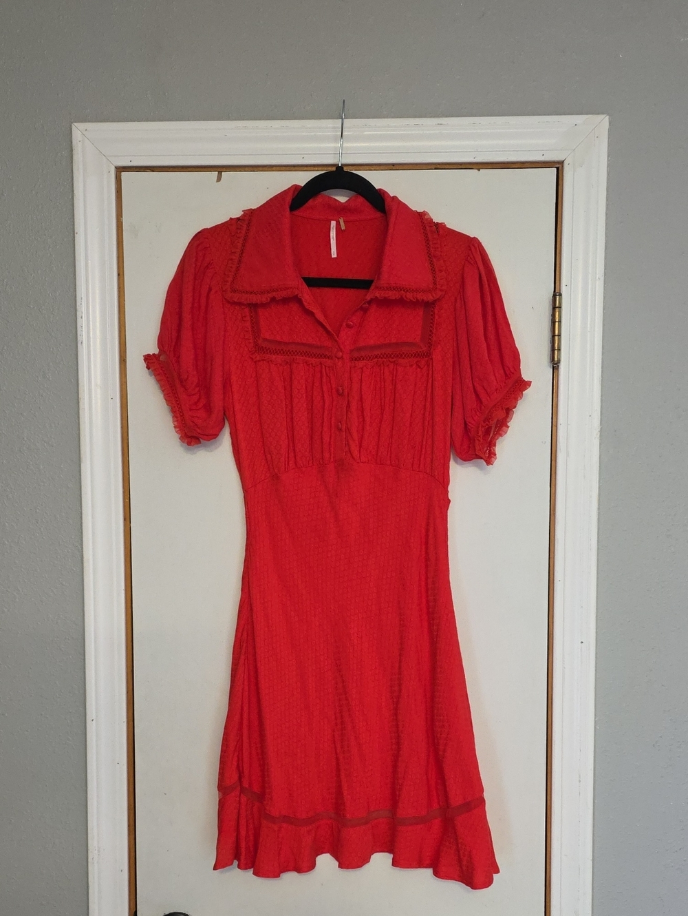 Free People Red Fitted Dress with Puff Sleeves With Lace And Mesh Details